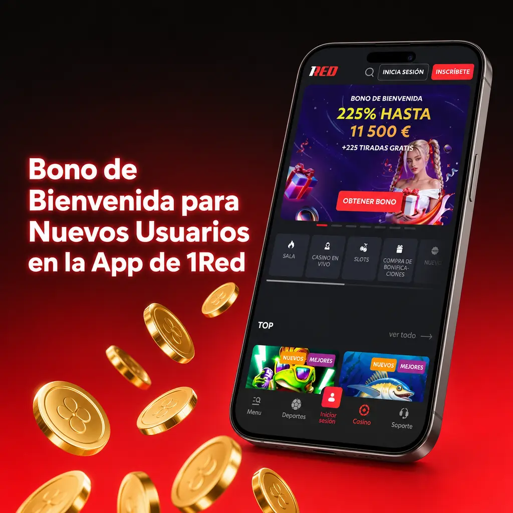 Bono de bienvenida en la app de 1Red: elige entre Deportes o Casino, 100% hasta 10.000 CLP para nuevos usuarios.