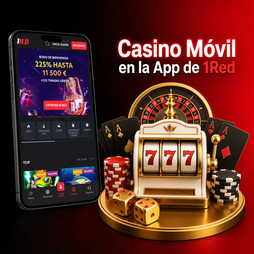 Pantalla principal de la app de 1Red mostrando casino móvil con tragamonedas, ruleta en vivo y bonos exclusivos.
