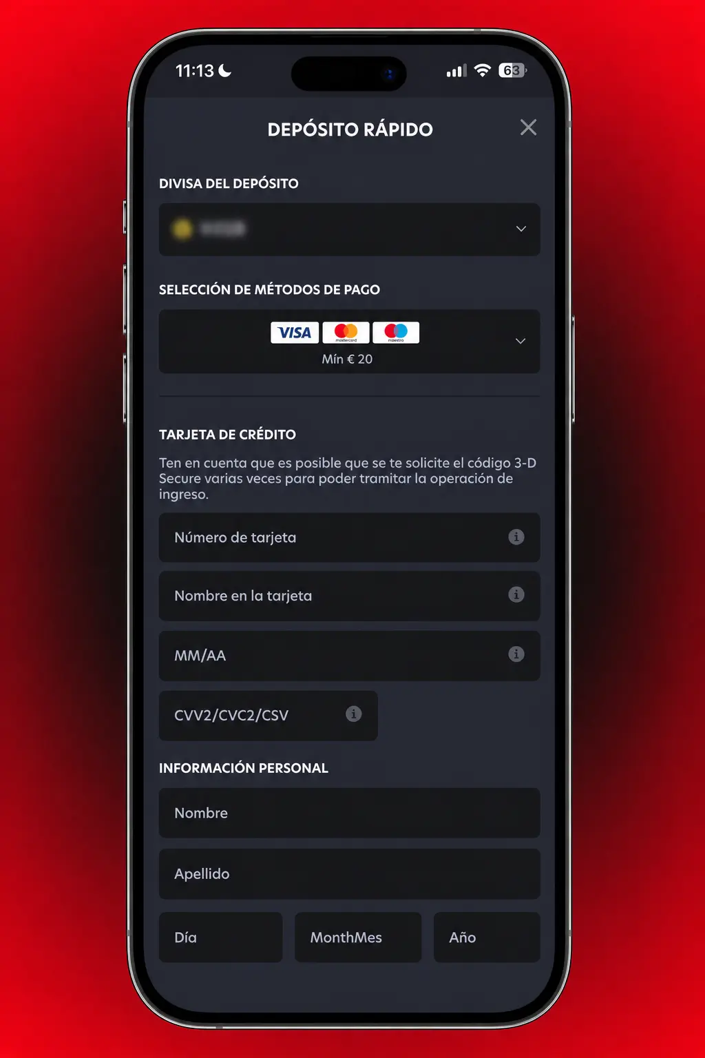 Pasos para depositar en la app de 1Red desde Chile: iniciar sesión, elegir método de pago e ingresar monto en CLP.