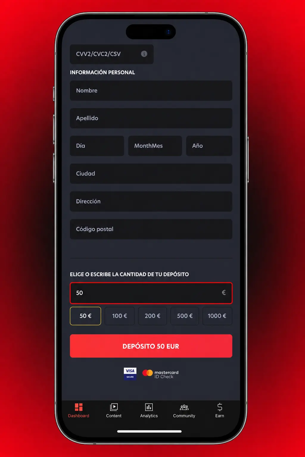 Pasos para depositar en la app de 1Red desde Chile: inicia sesión, elige método de pago en CLP e ingresa el monto.