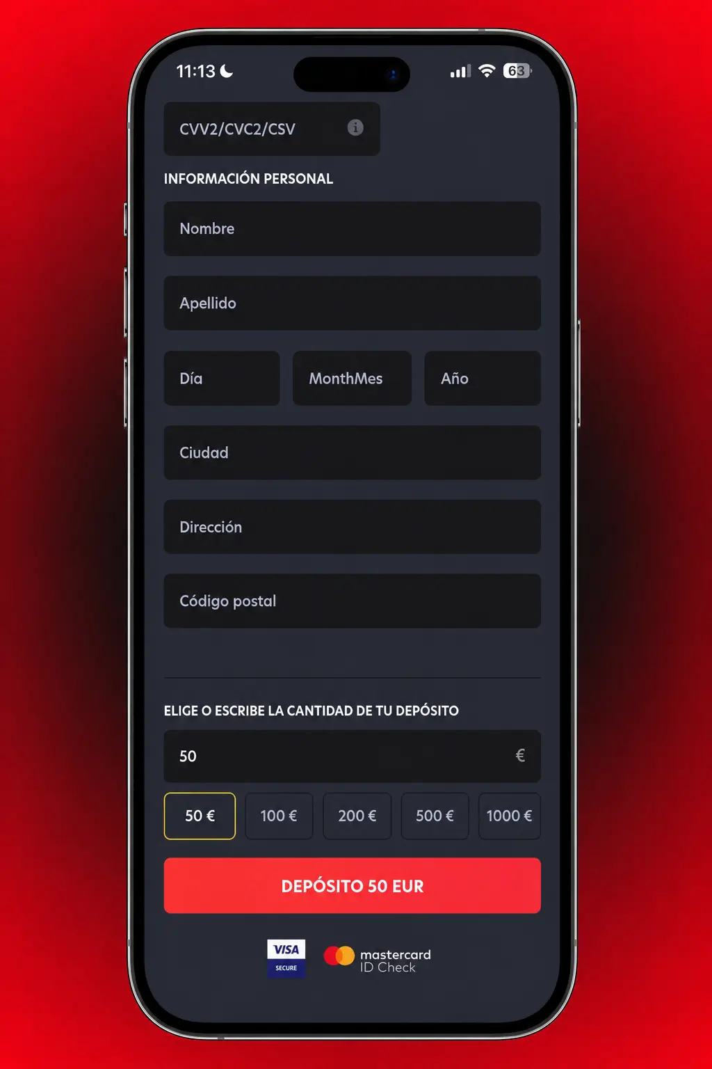 Pasos para depositar en la app de 1Red desde Chile: iniciar sesión, elegir método de pago e ingresar el monto en CLP.