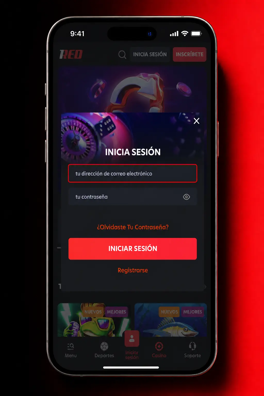 Pantalla de inicio de sesión en la app de 1Red para acceder a tu cuenta desde el celular.