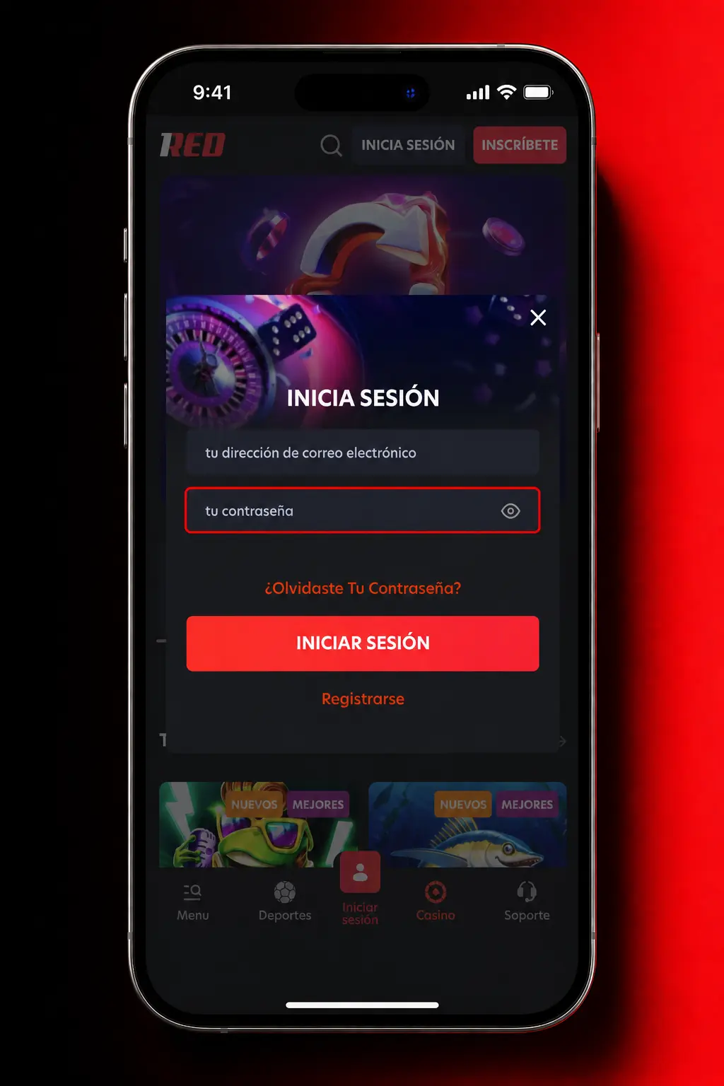 Pasos para iniciar sesión en la app de 1Red desde el celular ingresando usuario, contraseña o acceso biométrico.
