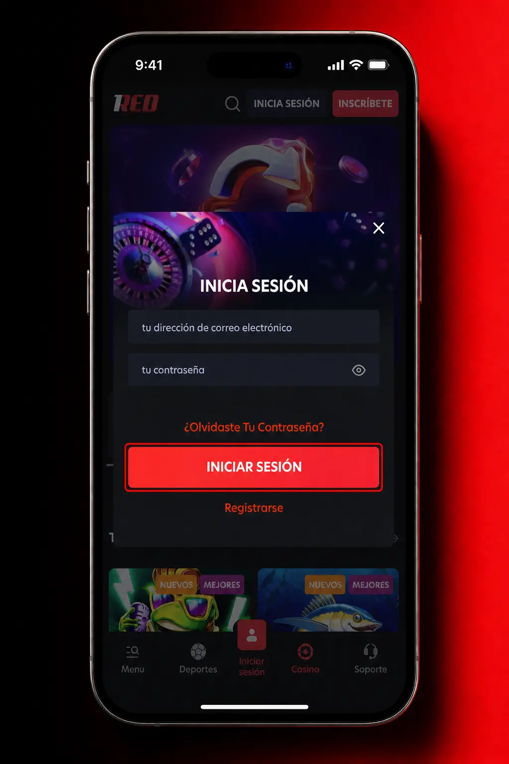 Pantalla de inicio de sesión en la app de 1Red mostrando el botón "Iniciar Sesión" para acceder a la cuenta.