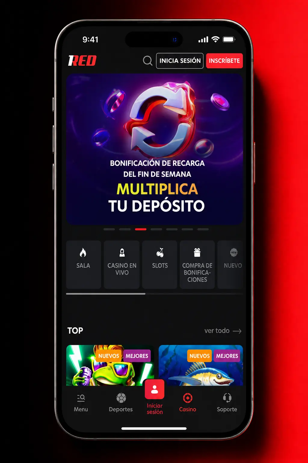 Pantalla de inicio de sesión en la app de 1Red mostrando el botón "Iniciar Sesión" en el celular.