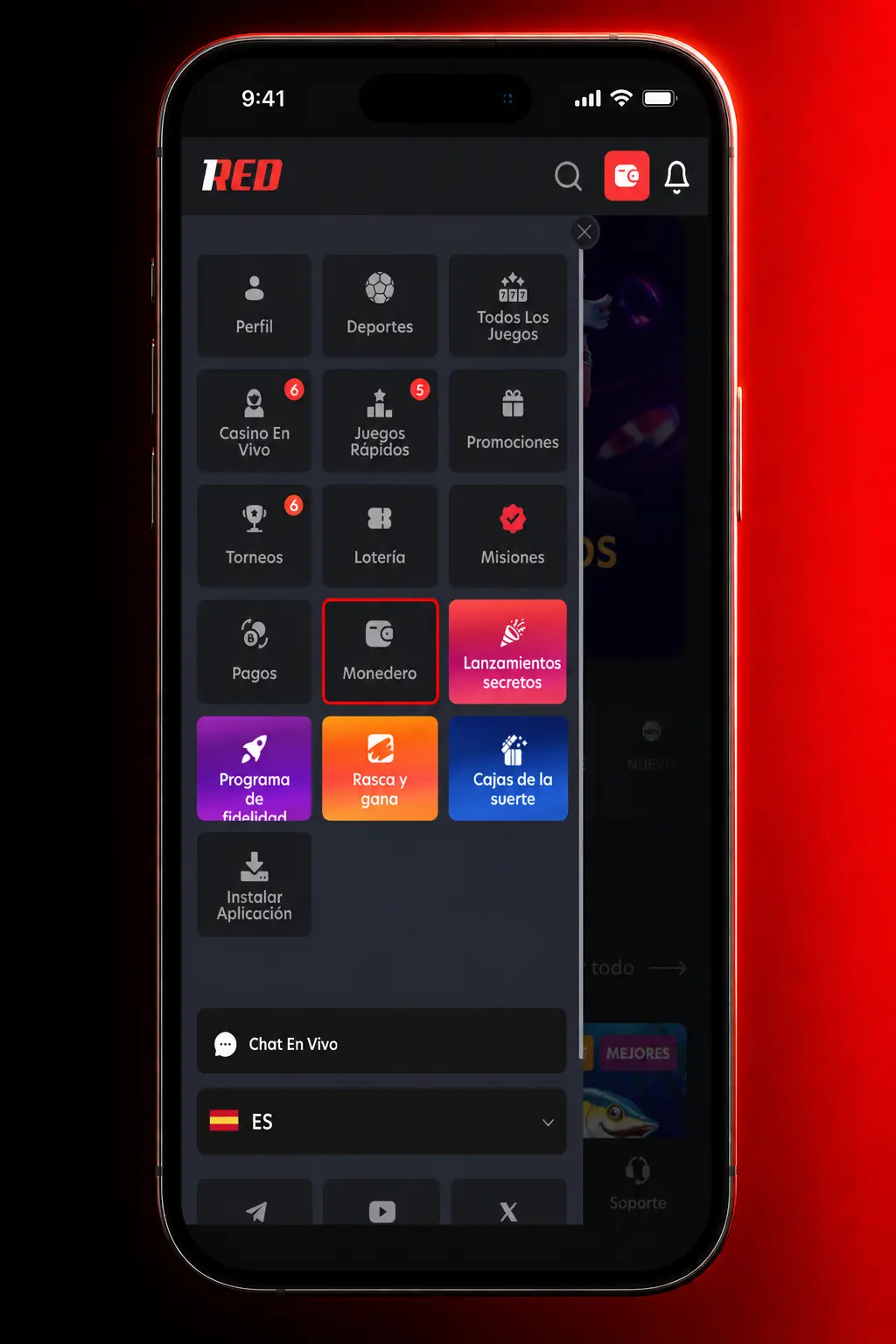 Pasos para retirar dinero desde la app de 1Red: selecciona método de pago, ingresa el monto y confirma con PIN o huella.