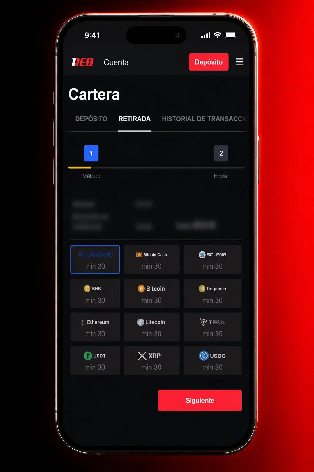 Pasos para retirar dinero desde la app de 1Red: selecciona método de pago, ingresa el monto y confirma con PIN o huella digital.