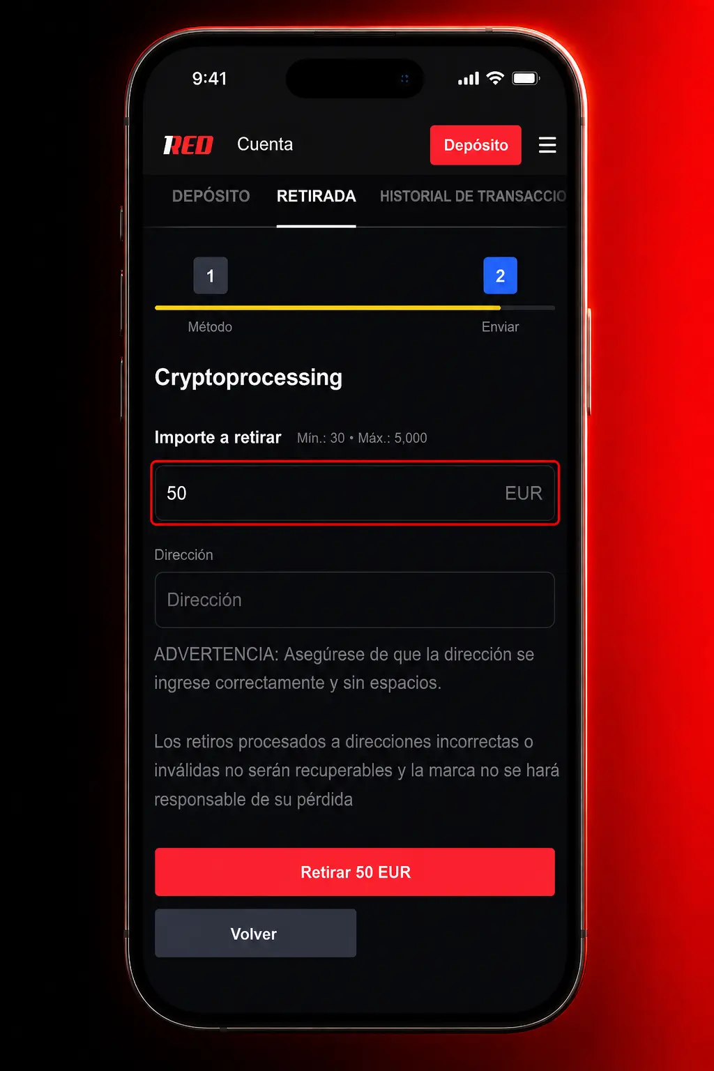 Pasos para retirar dinero desde la app de 1Red: selecciona método de pago, ingresa el monto y confirma con PIN o huella digital.