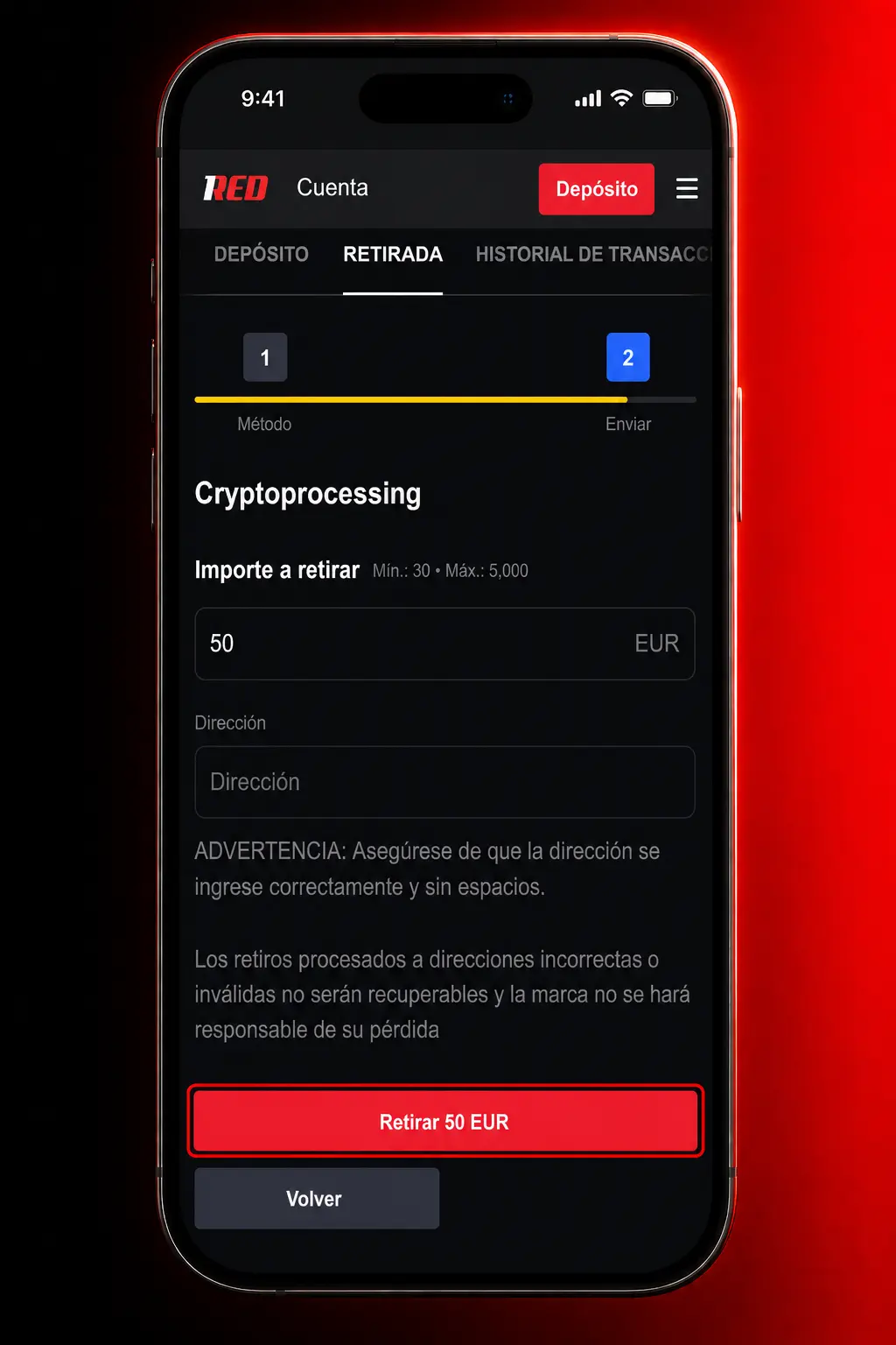 Pasos para retirar dinero desde la app de 1Red: selecciona método de pago, ingresa el monto y confirma con PIN o huella digital.
