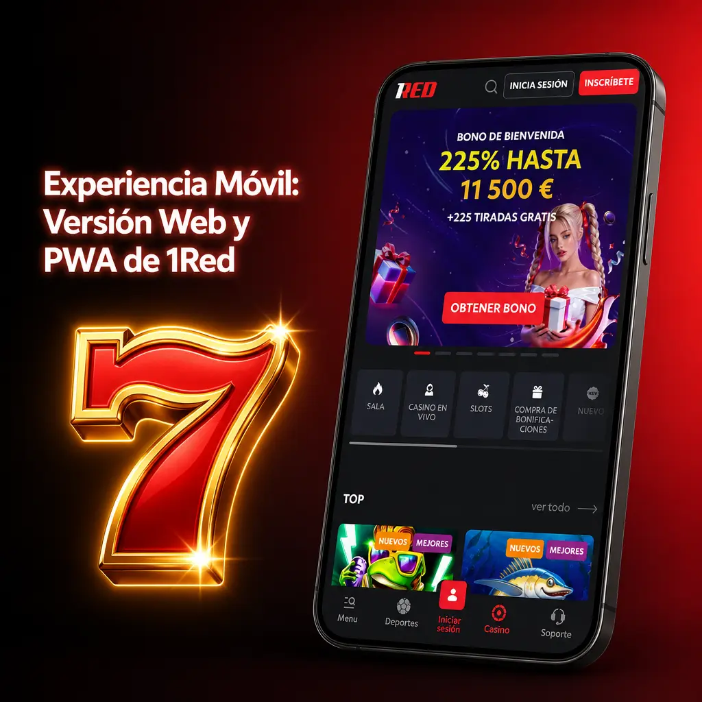 Versión web y PWA de 1Red en celular, con acceso a tragamonedas y casino en vivo desde cualquier lugar
