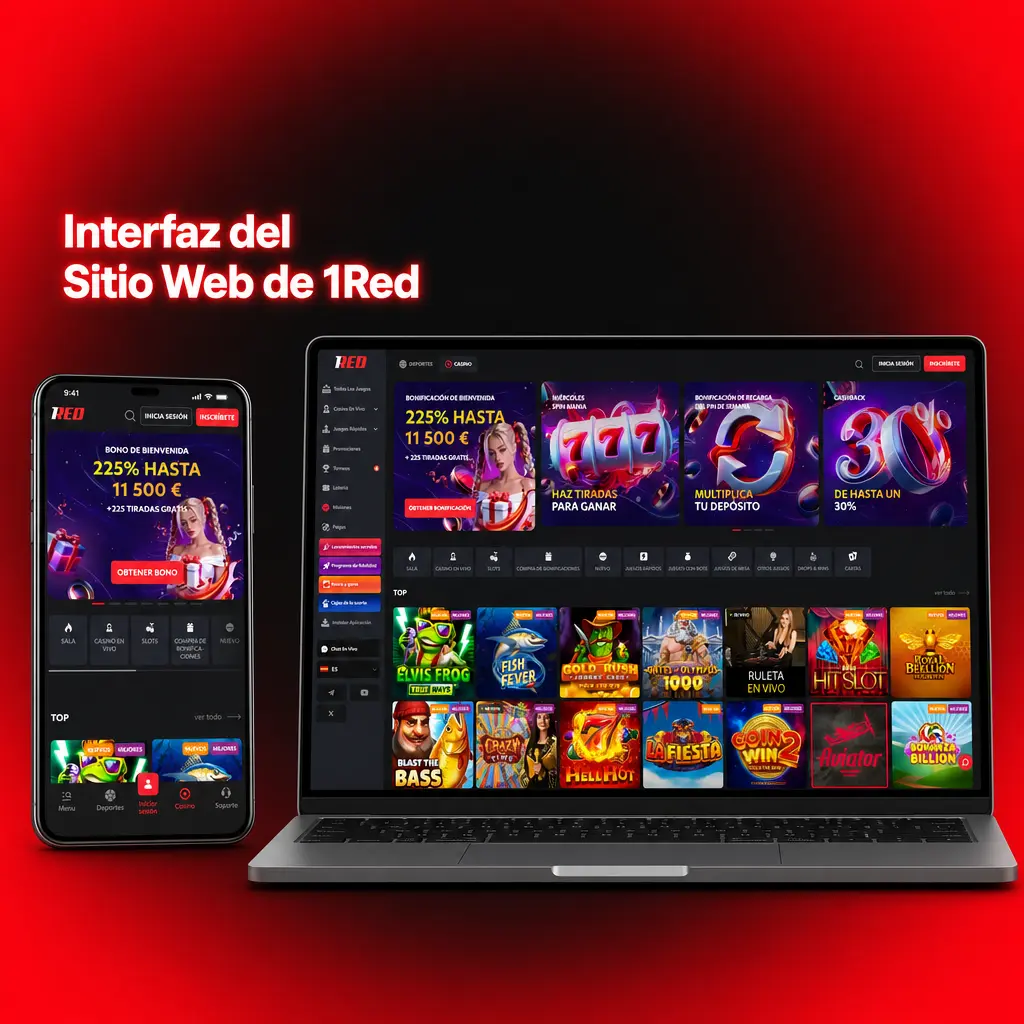 Interfaz de 1Red con menú de Deportes, Casino, Casino en Vivo, Promociones, buscador y panel personalizable de favoritos.