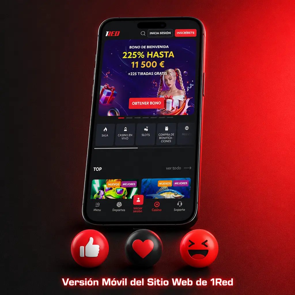 Versión móvil del sitio web de 1Red con apuestas deportivas, casino en vivo y pagos locales sin descargar apps